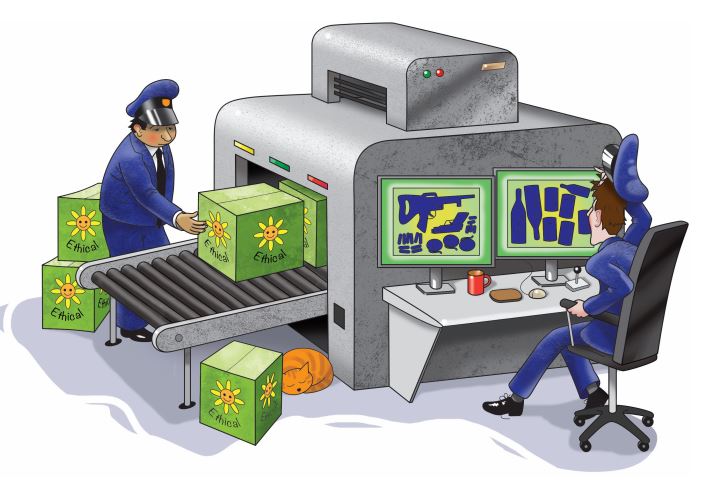 Cartoon showing airport-scanner analysing Ethical products