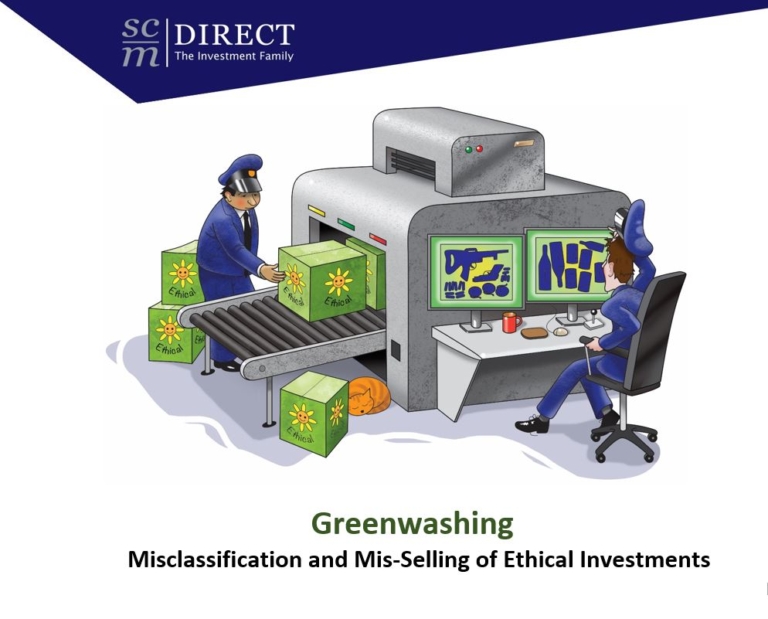 Cartoon showing airport-scanner analysing Ethical products. Title reads Greenwashing - misclassification and mis-selling of ethical investments