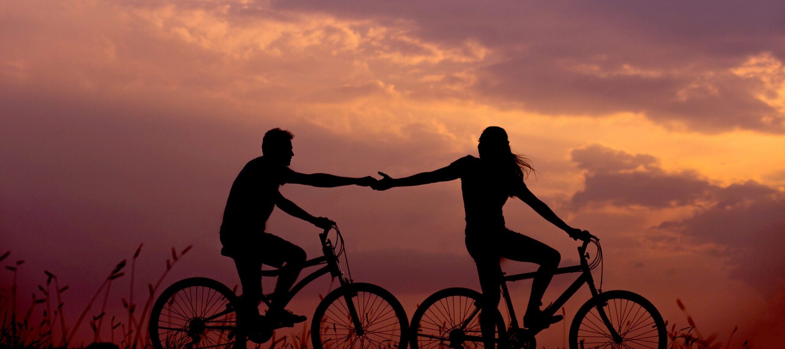 Silhouette of two cyclists holding hands against sunset