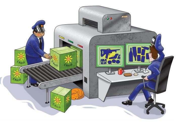 Cartoon showing airport-scanner analysing Ethical products