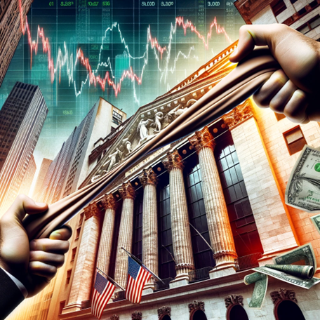 A stretched elastic band in front of the stock exchange building in a city