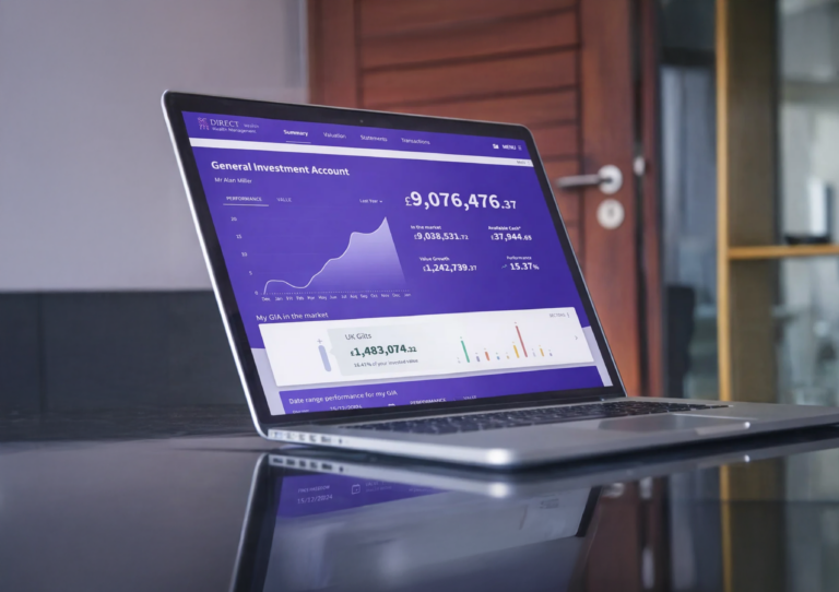 A laptop open on a desk that shows the a stocks and shares graph. This illustrates an absolute return strategy